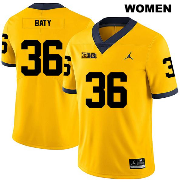 Women's NCAA Michigan Wolverines Ramsey Baty #36 Yellow Jordan Brand Authentic Stitched Legend Football College Jersey LD25M02II